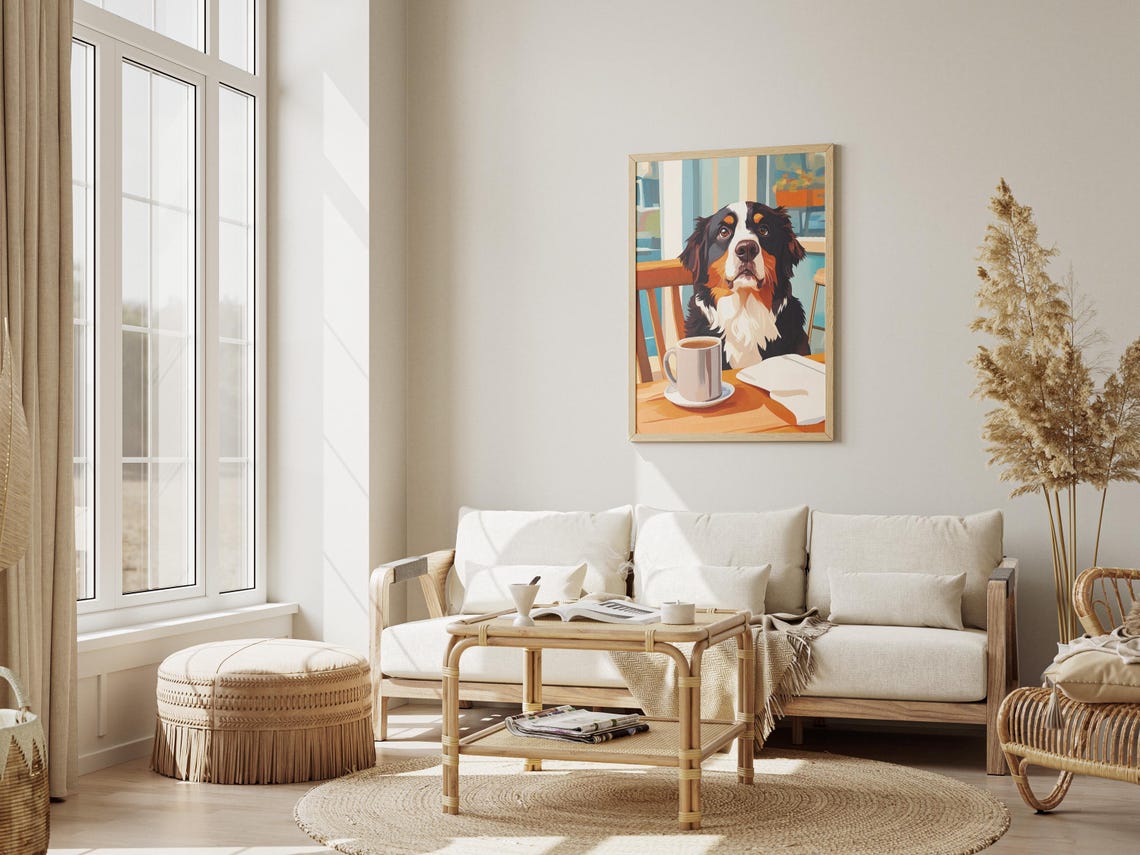 Bernese Mountain Dog Art Print Drinking Coffee Poster Lover Gift Kitchen Decor Funny - Image 3