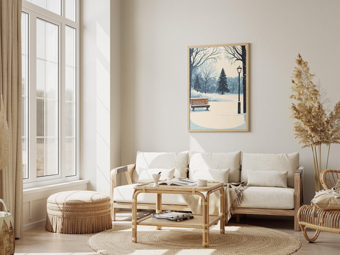 Snowy Park Bench Under a Vintage Lamp Post in Falling Snow Poster - Image 4