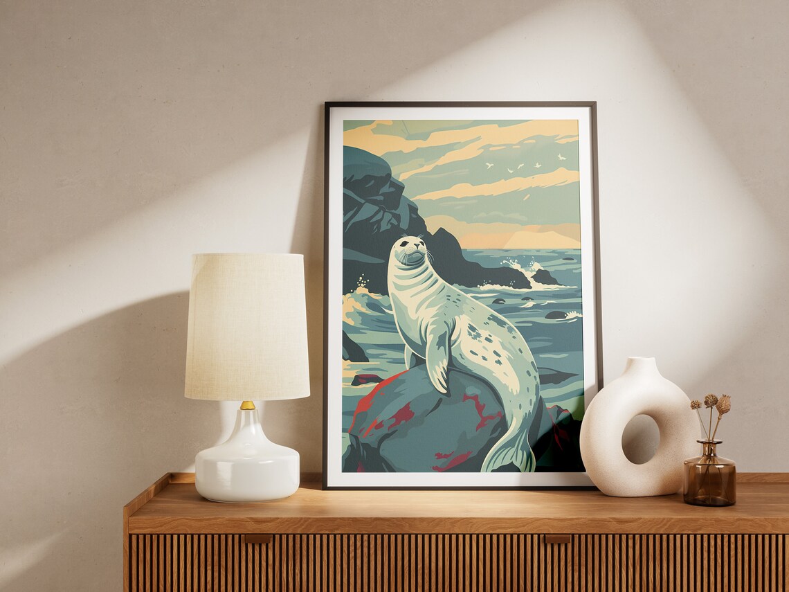 Spotted Seal Resting on Ocean Rocks Vintage Coastal Wildlife Poster - Image 4