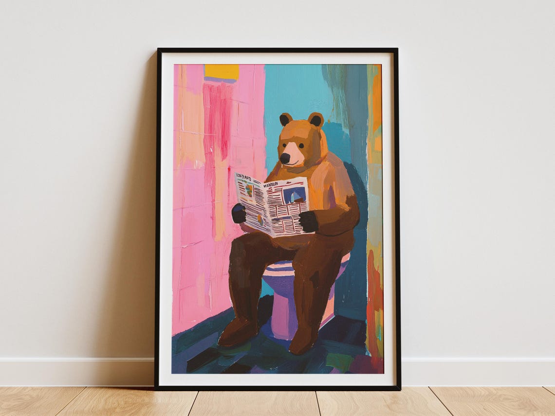 Brown Bear Reading the Morning Newspaper on the Toilet Poster