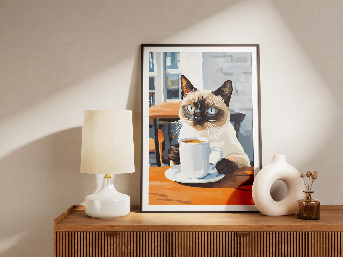 Elegant Siamese Cat With Coffee Mug Cozy Cafe Table Art Poster - Image 4