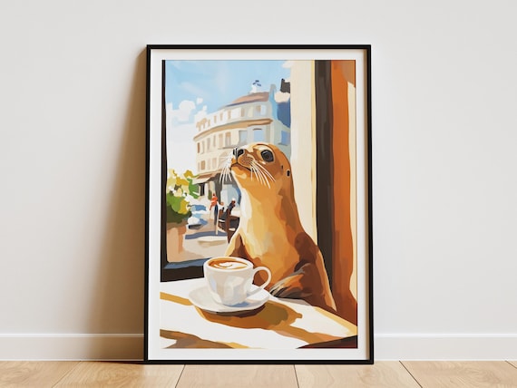 Cute Seal Enjoying a Latte at a Cafe Window Whimsical Animal Poster