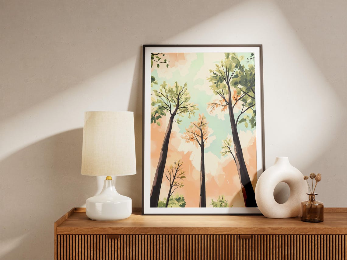 Towering Spring Trees Against Pastel Sky Minimalist Nature Poster - Image 5