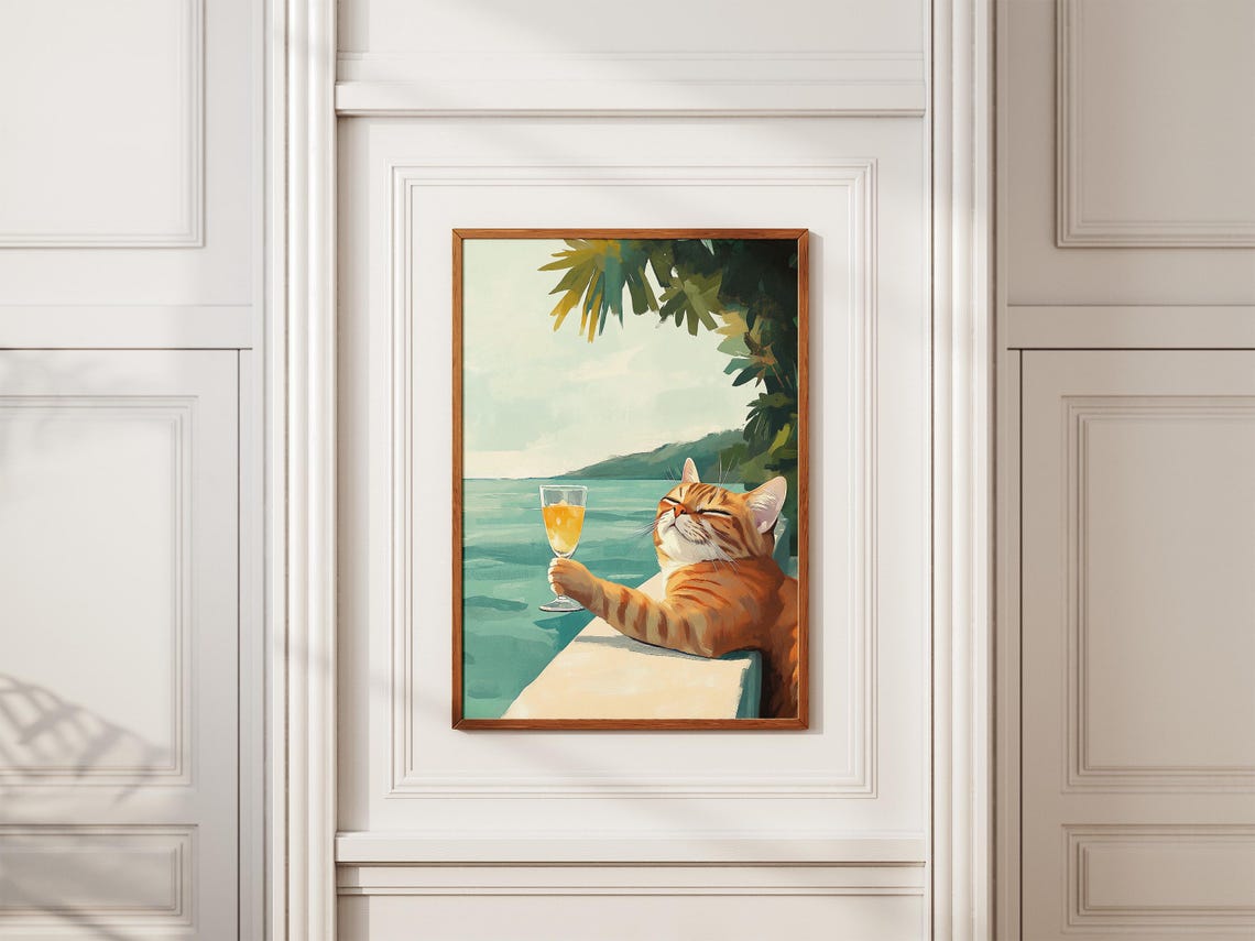 Content Orange Tabby Cat Enjoying A Cocktail By The Sea Poster - Image 2