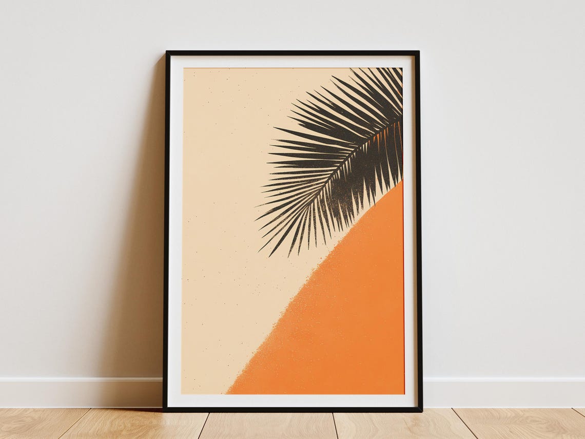Orange Beach and Black Palm Frond Minimalist Tropical Poster
