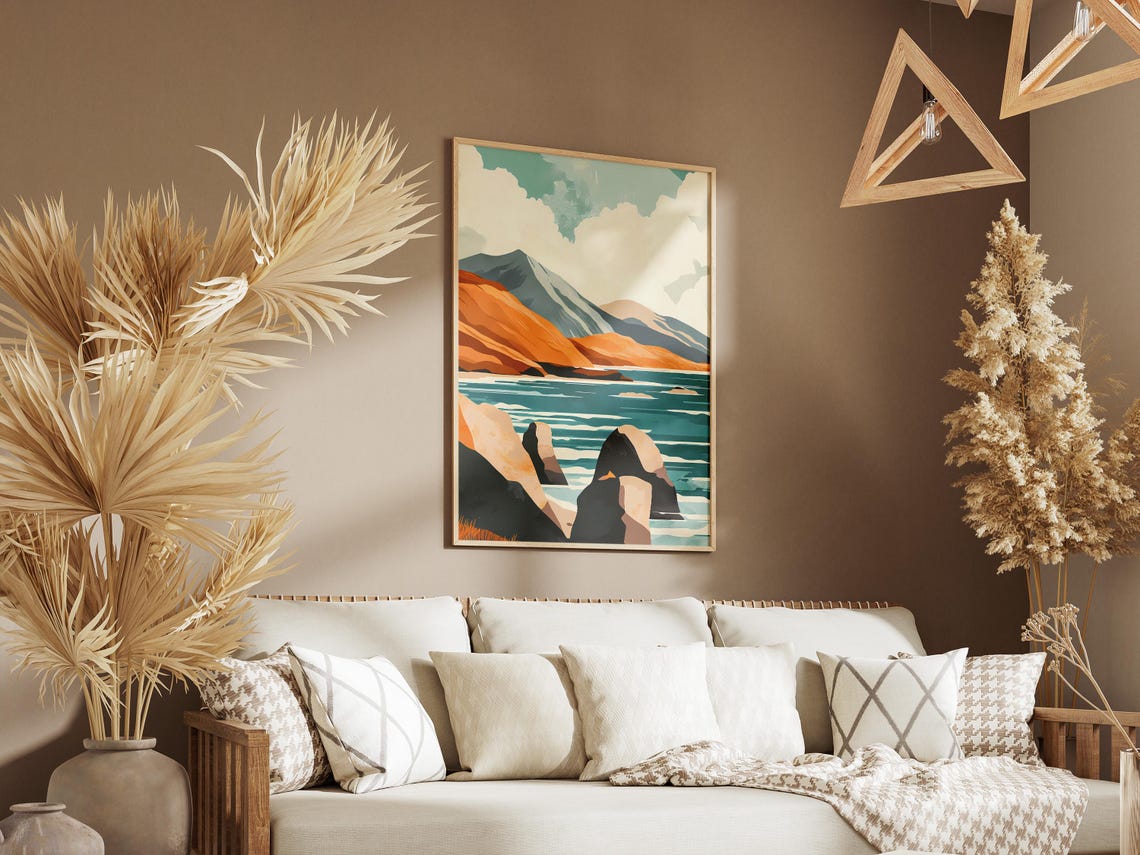 Rocky Island Coast Poster Orange Mountain Seaside Wall Decor Gift - Image 3