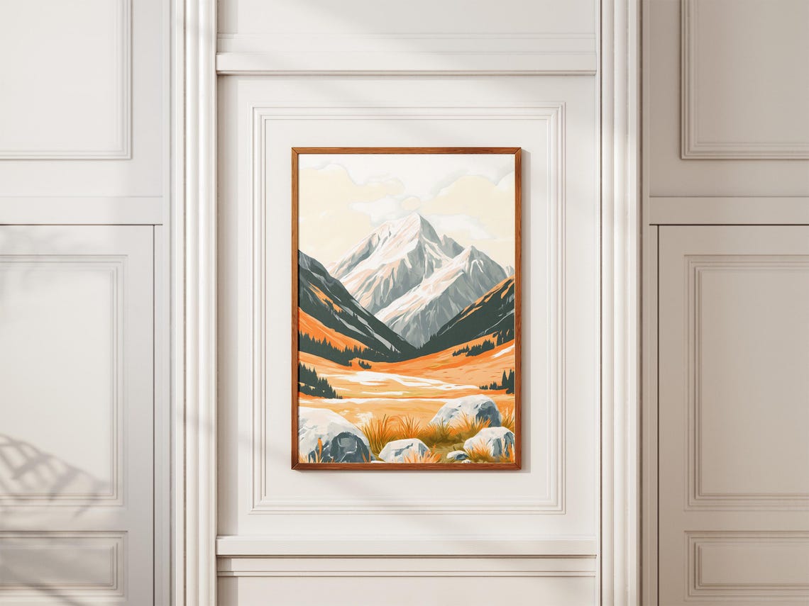 Mountain Peak Posterabstract Landscape Art Print Modern Minimalist Wall Decororange And Gray Nature Scenehome Decormountain Range Printsnow - Image 2