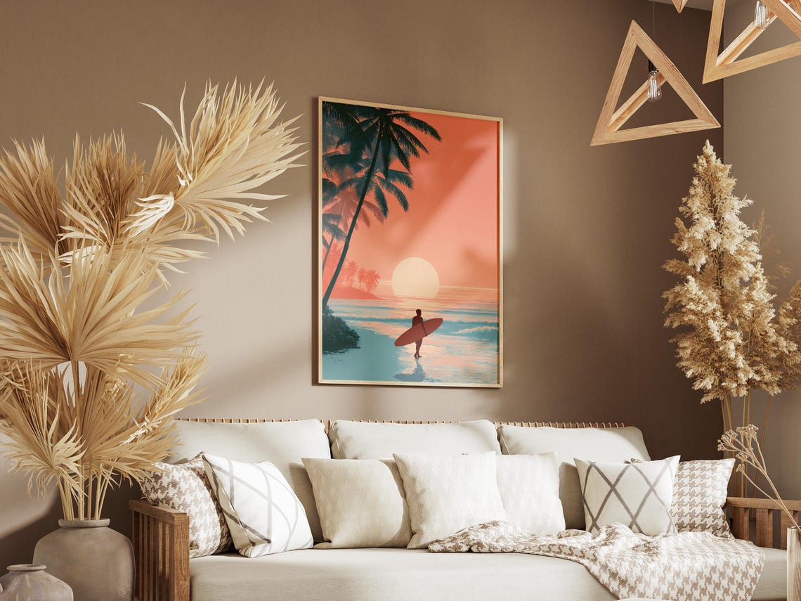 Surfer Silhouette Beach Sunset Palm Tree Golden Hour Art Poster - Image 3