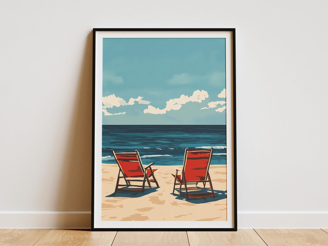 Red Beach Chairs Ocean View Summer Vacation Coastal Travel Poster