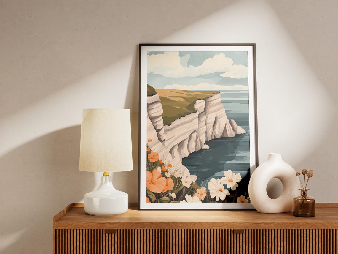 White Chalk Cliffs With Wildflowers Above The Sea Coast Poster - Image 5