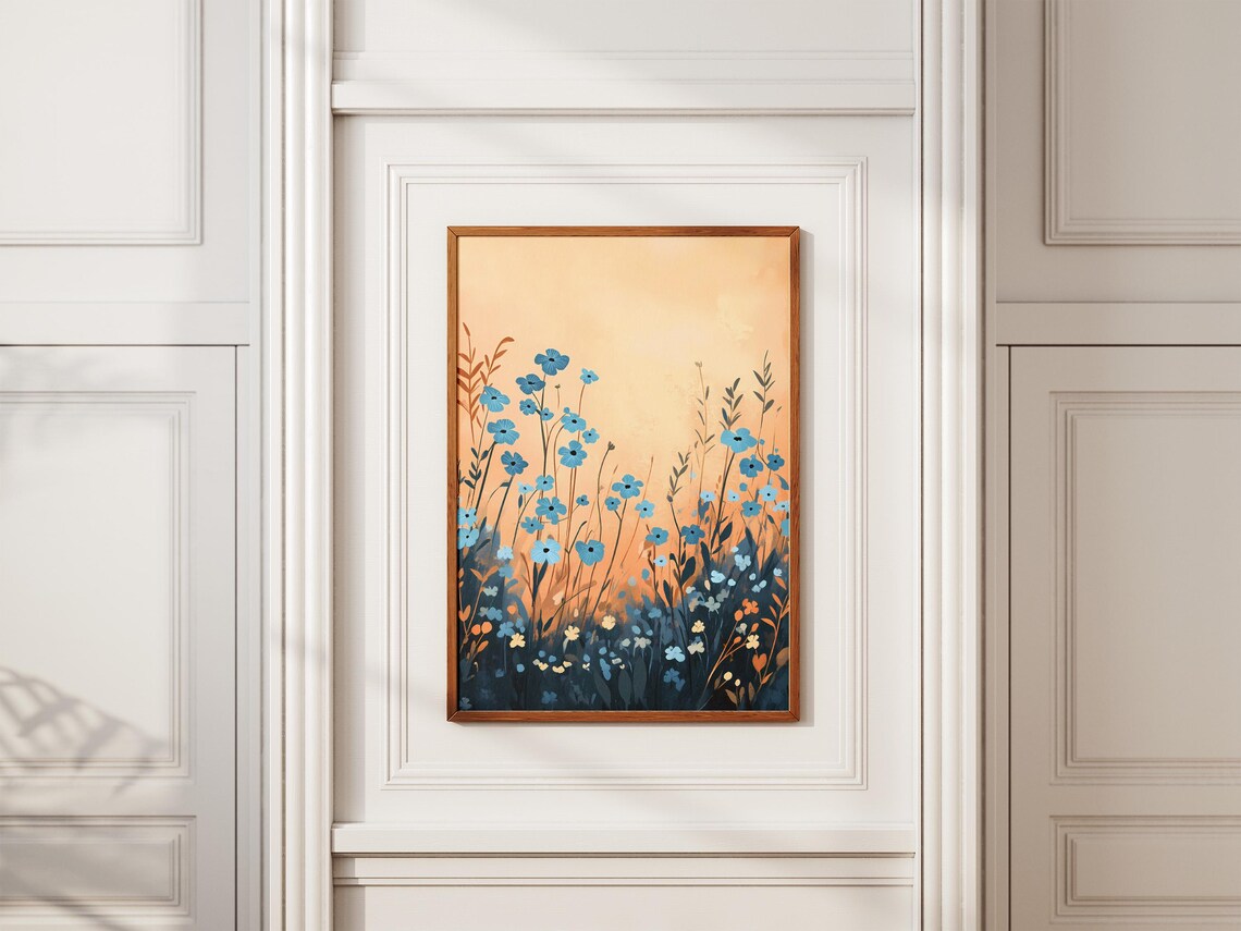 Blue Wildflowers in a Golden Sunset Meadow Illustration Poster - Image 2