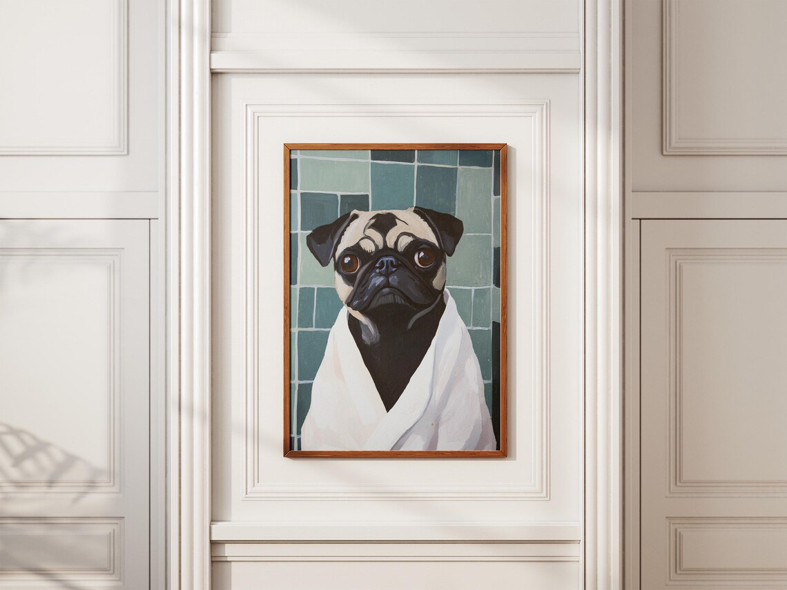 Pug Dog in White Bathrobe Teal Tiled Bath Portrait Art Poster - Image 2