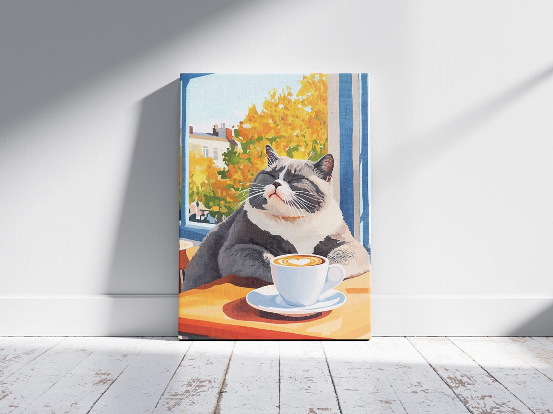British Shorthair Cat Enjoying Latte at Autumn Cafe Window Poster - Image 2