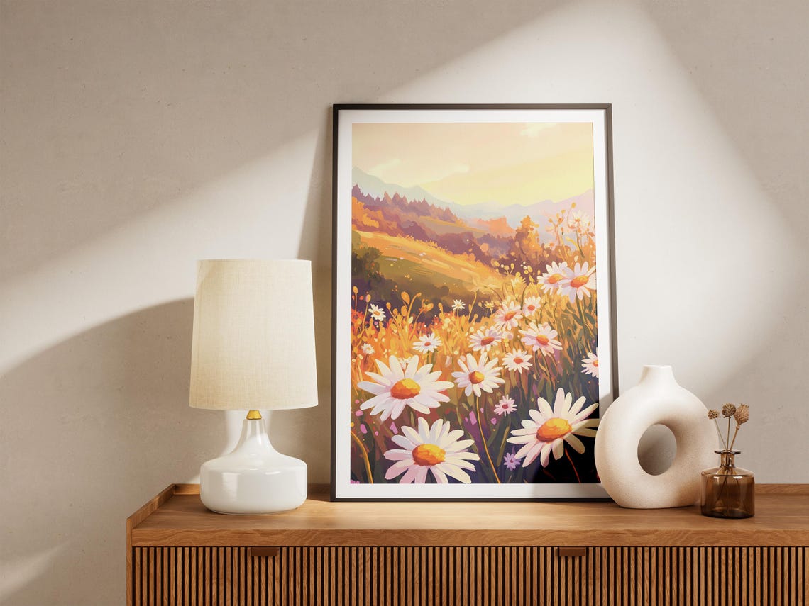 White Daisy Meadow Golden Hour Mountain View Dreamy Floral Poster - Image 5