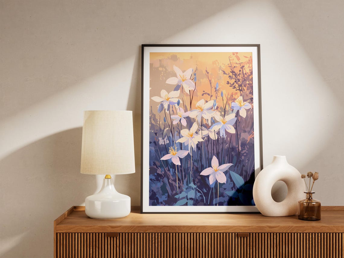 White Columbines Twilight Meadow Dreamy Botanical Flower Poster - Image 5