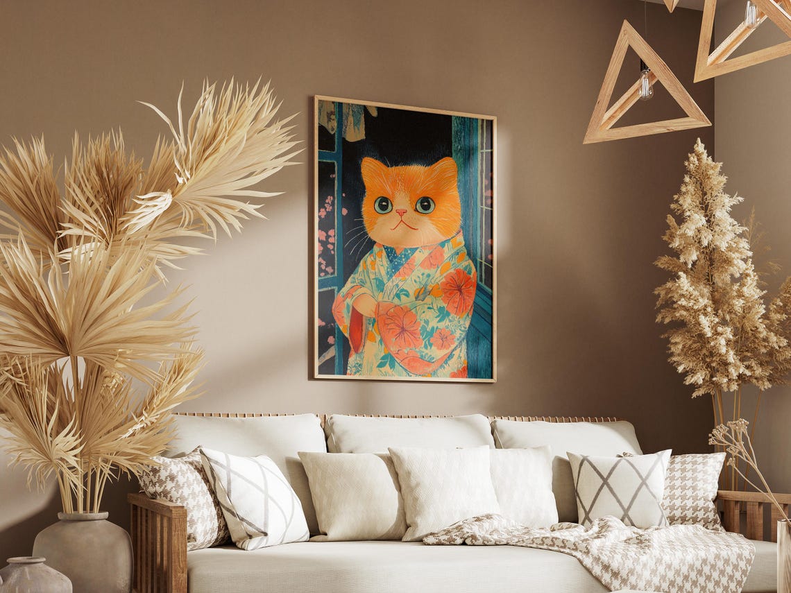 Orange Kitten in Floral Kimono Japanese Night Window Art Poster - Image 3