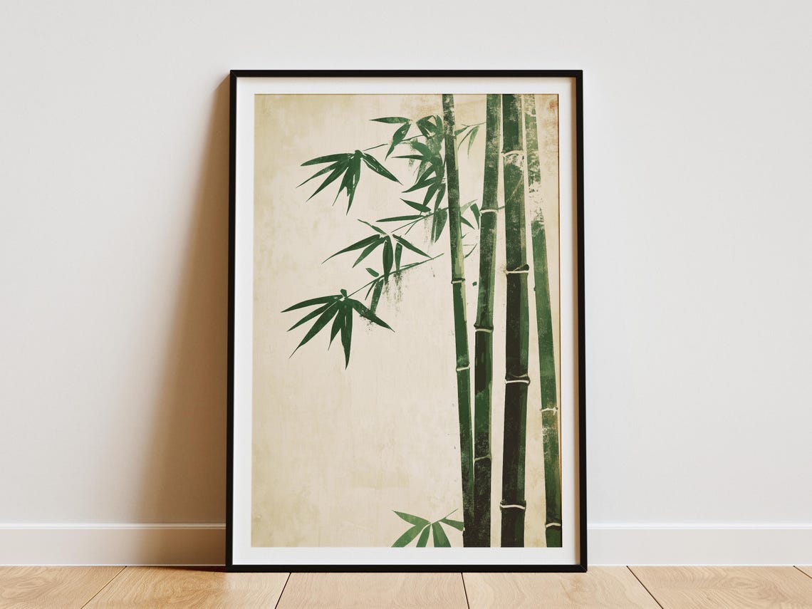 Green Bamboo Stalks Beige Minimalist Oriental Nature Art Poster