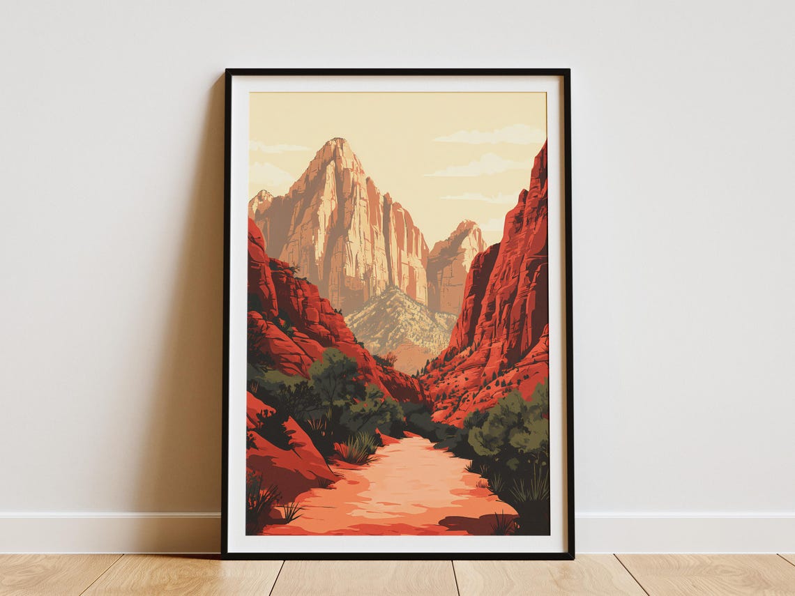 Zion National Park Poster Utah Canyon Landscape Print Red Rock Mountains Art Southwest Desert Nature Illustration Vintage Travel Poster
