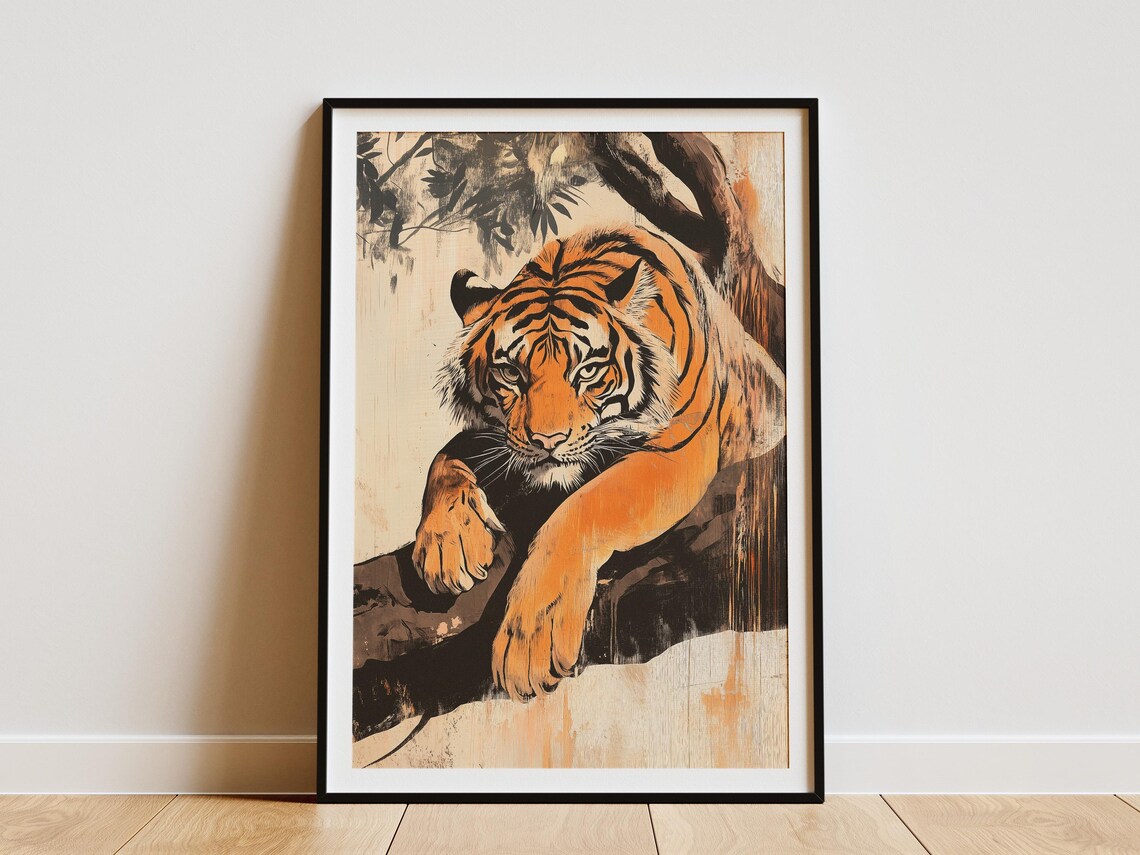 Tiger Resting On A Tree Branch In Warm Ink Wash Style Poster