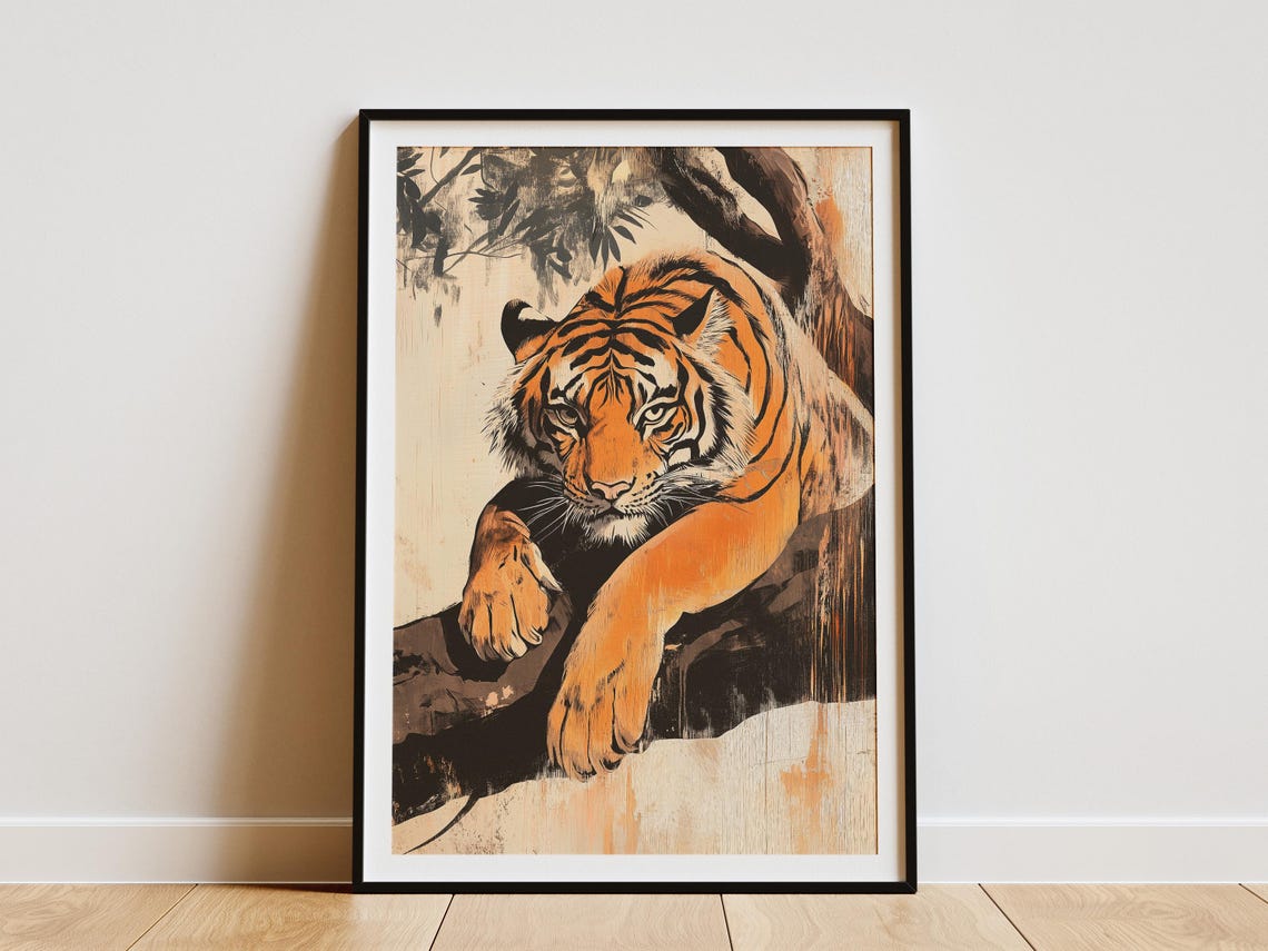 Tiger Under Banyan Tree Poster Woodblock Artwork Print Art Animal Nature Jungle Home Decor Wall Paper