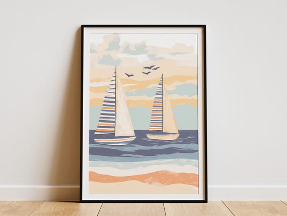 Sailboat Art Print Coastal Wall Decor Summer Beach Nautical Decor Ocean Print Boho Home Decor Summer Poster Minimalist Sailboat Illustration