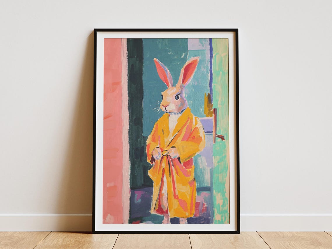 Funny Rabbit In Orange Bathrobe Quirky Animal Illustration Poster