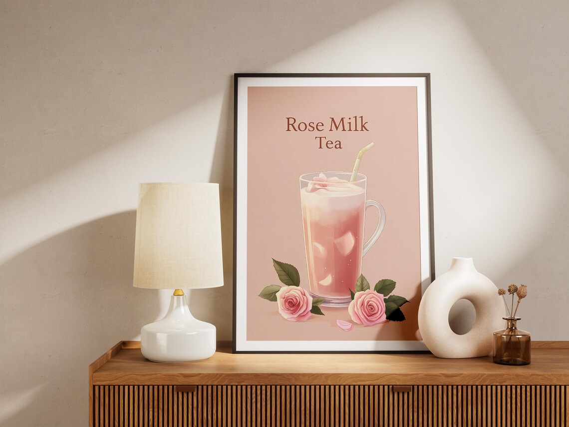 Iced Rose Milk Tea Glass Straw Roses Cute Pink Kitchen Art Poster - Image 4