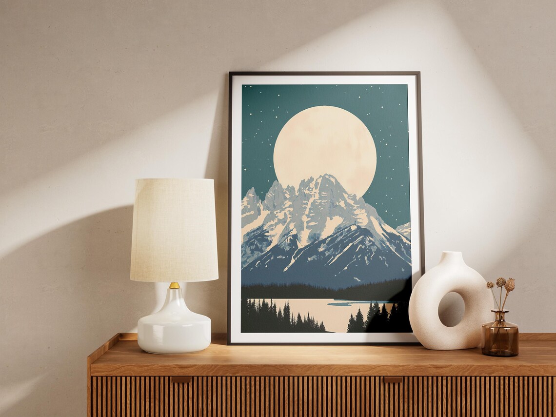 Grand Teton Wyoming Snowy Mountain Peak Full Moon Rising Travel Art Poster - Image 4
