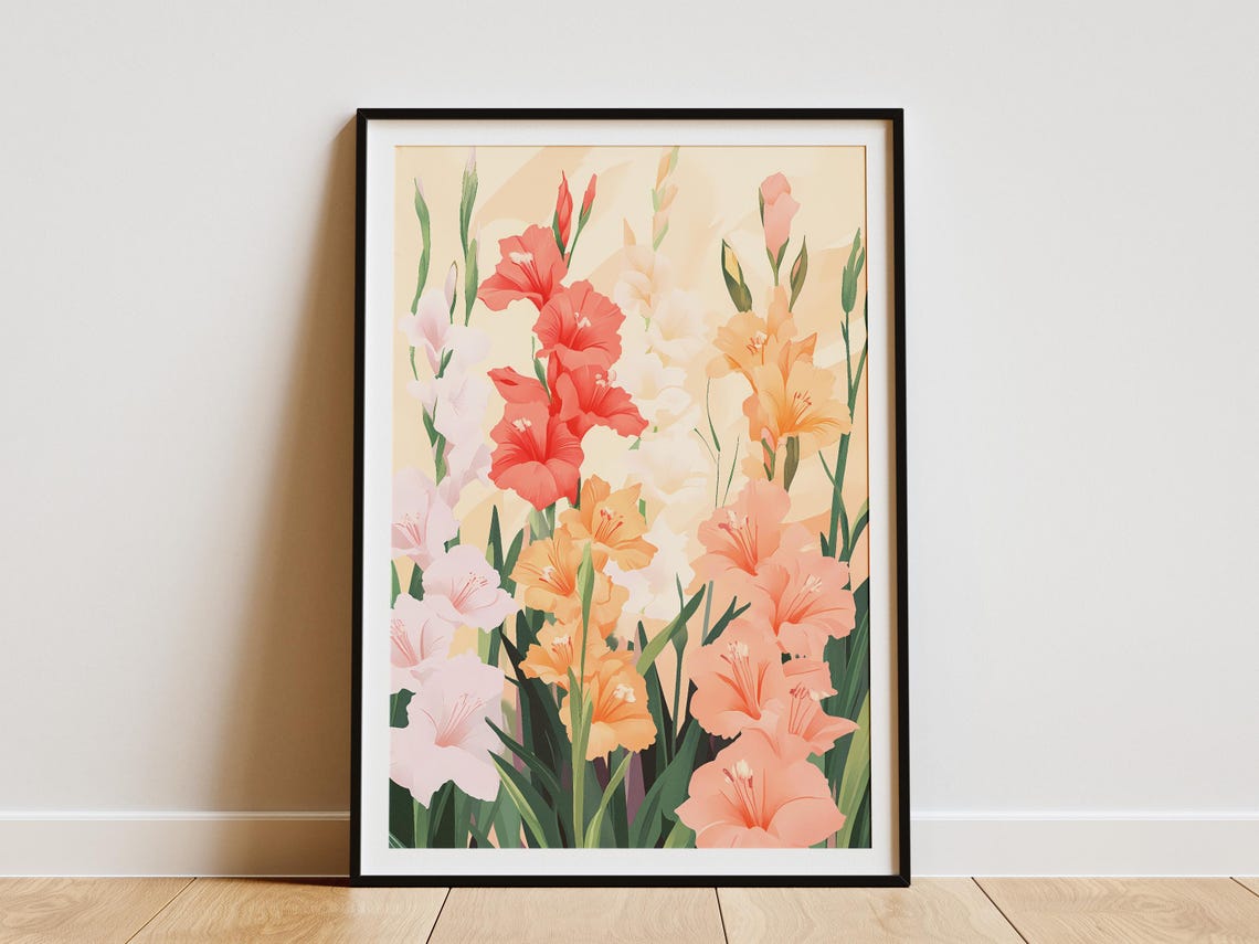 Coral Gladiolus Spikes Tall Elegant Modern Botanical Flower Poster