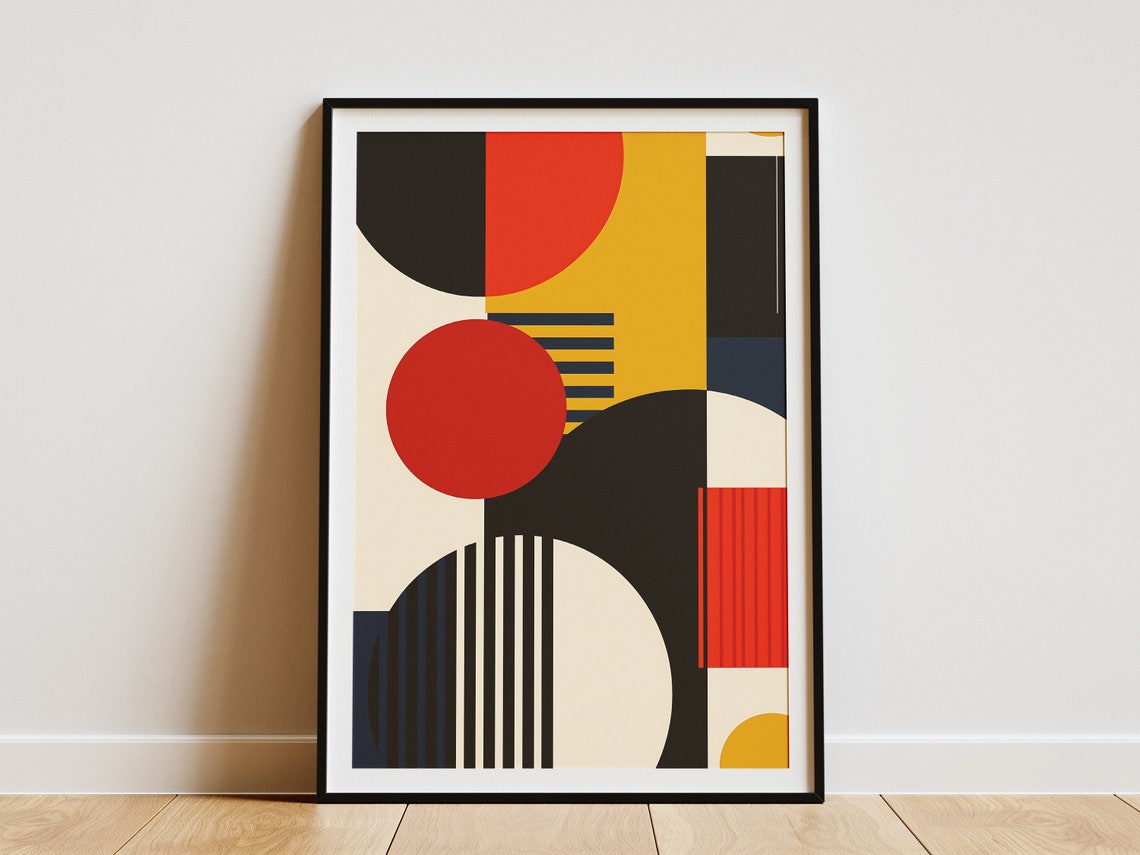 Geometric Red Circles On Black Gold Bauhaus Style Art Poster