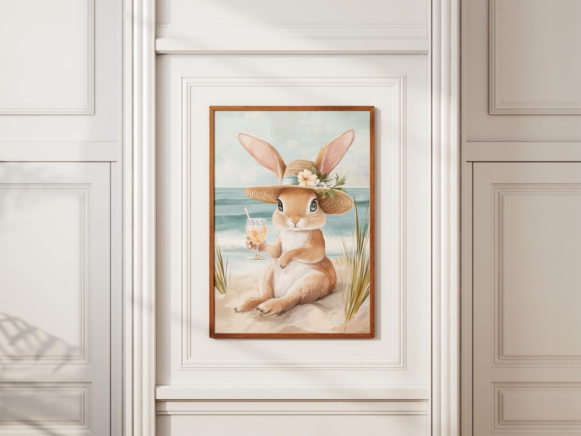 Cute Bunny in Straw Hat with Cocktail Beach Illustration Poster - Image 2