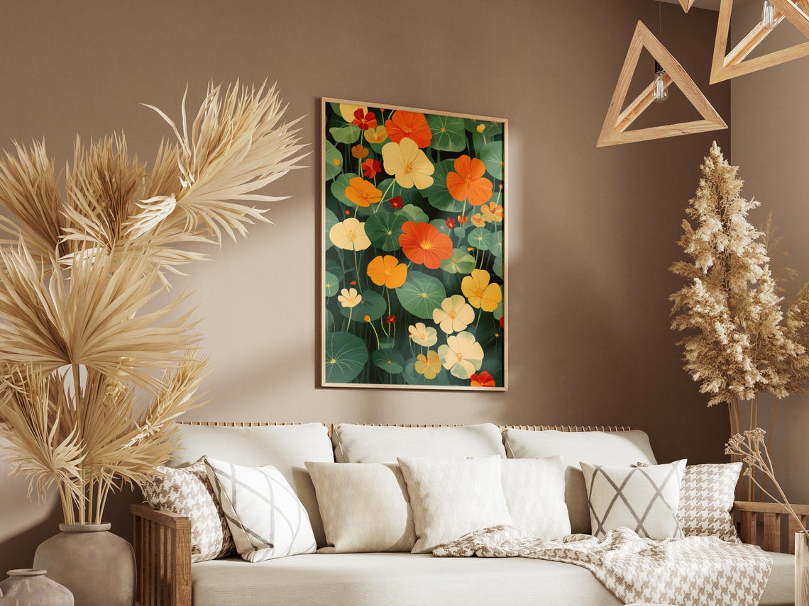 Summer Nasturtium Garden Bright Orange and Cream Floral Wall Art - Image 3