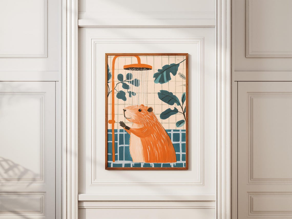 Capybara Under Shower Teal Orange Bathroom Funny Animal Poster - Image 2