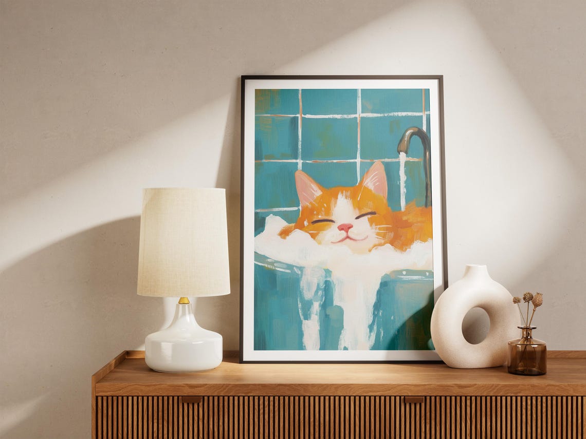 Blissful Ginger Cat Soaking in Teal Bubble Bath Cozy Art Poster - Image 4