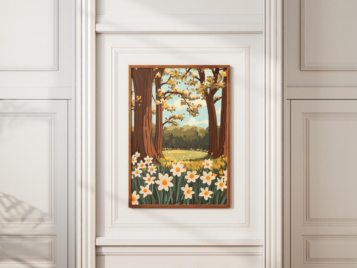 White Daffodils Beneath Towering Oak Trees Poster in Spring Meadow - Image 2