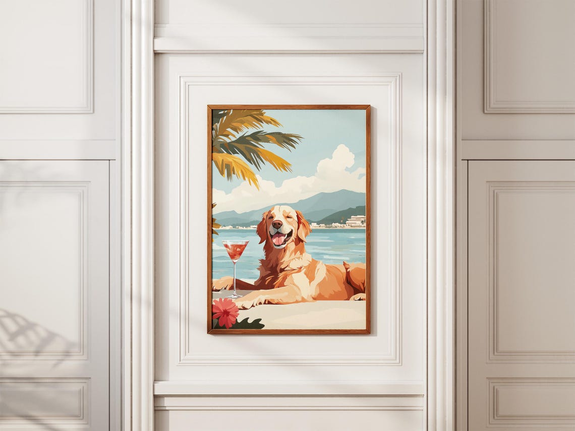 Golden Retriever Beach Poster Dog Art Print Coastal Dog Print Summer Dog Poster Cute Dog Pet Lover Gift Canine Art Dog Lover Gift Golden - Image 2