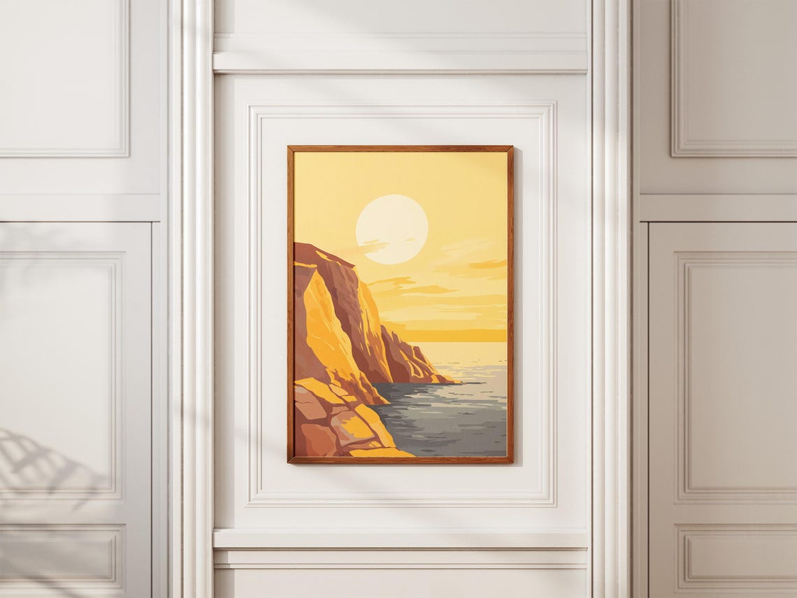 Sunlit Minimalist Golden Cliffs Beneath a Giant White Sun Poster - Image 2