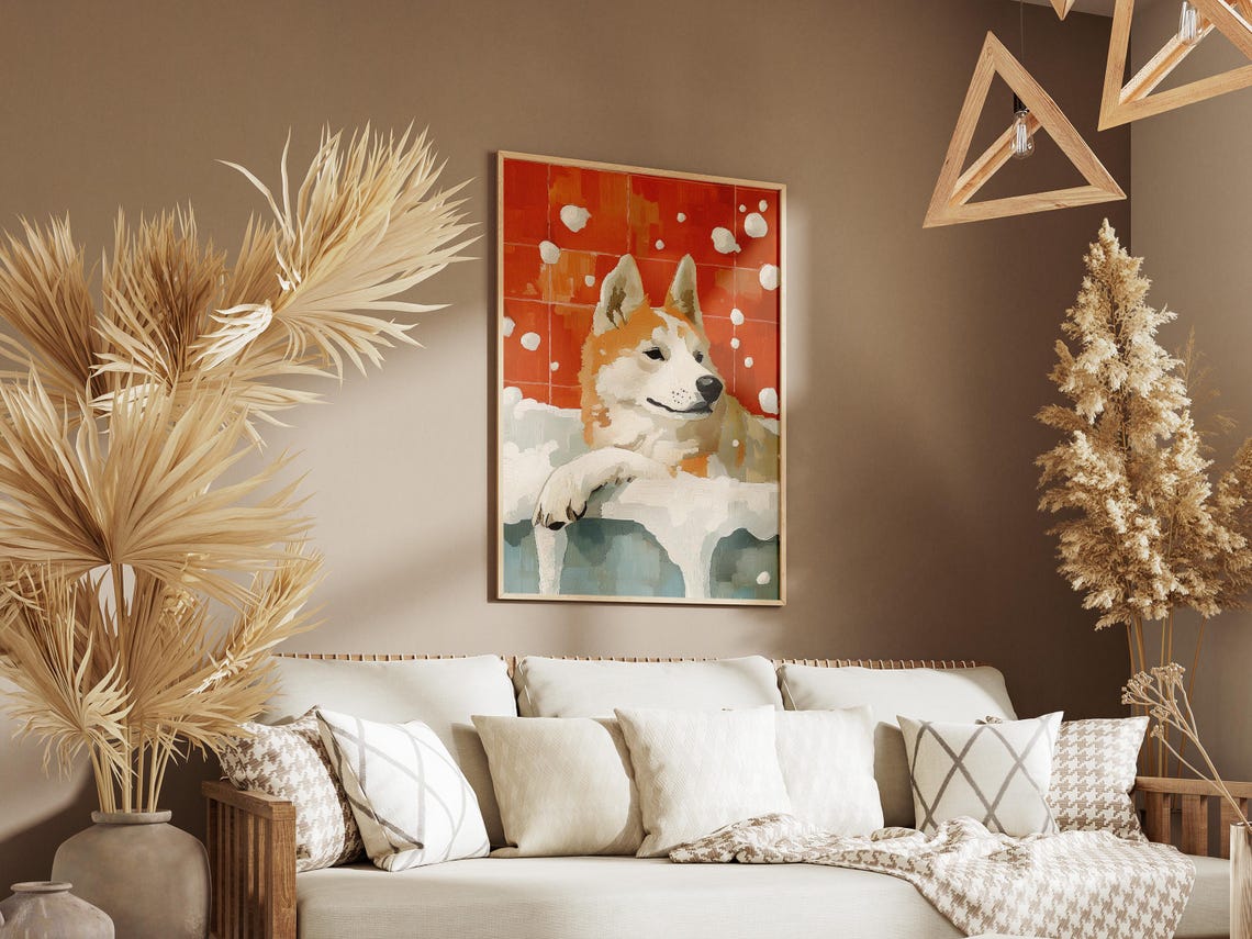 Smiling Husky Relaxing In Bubble Bath On Orange Tile Dog Poster - Image 3