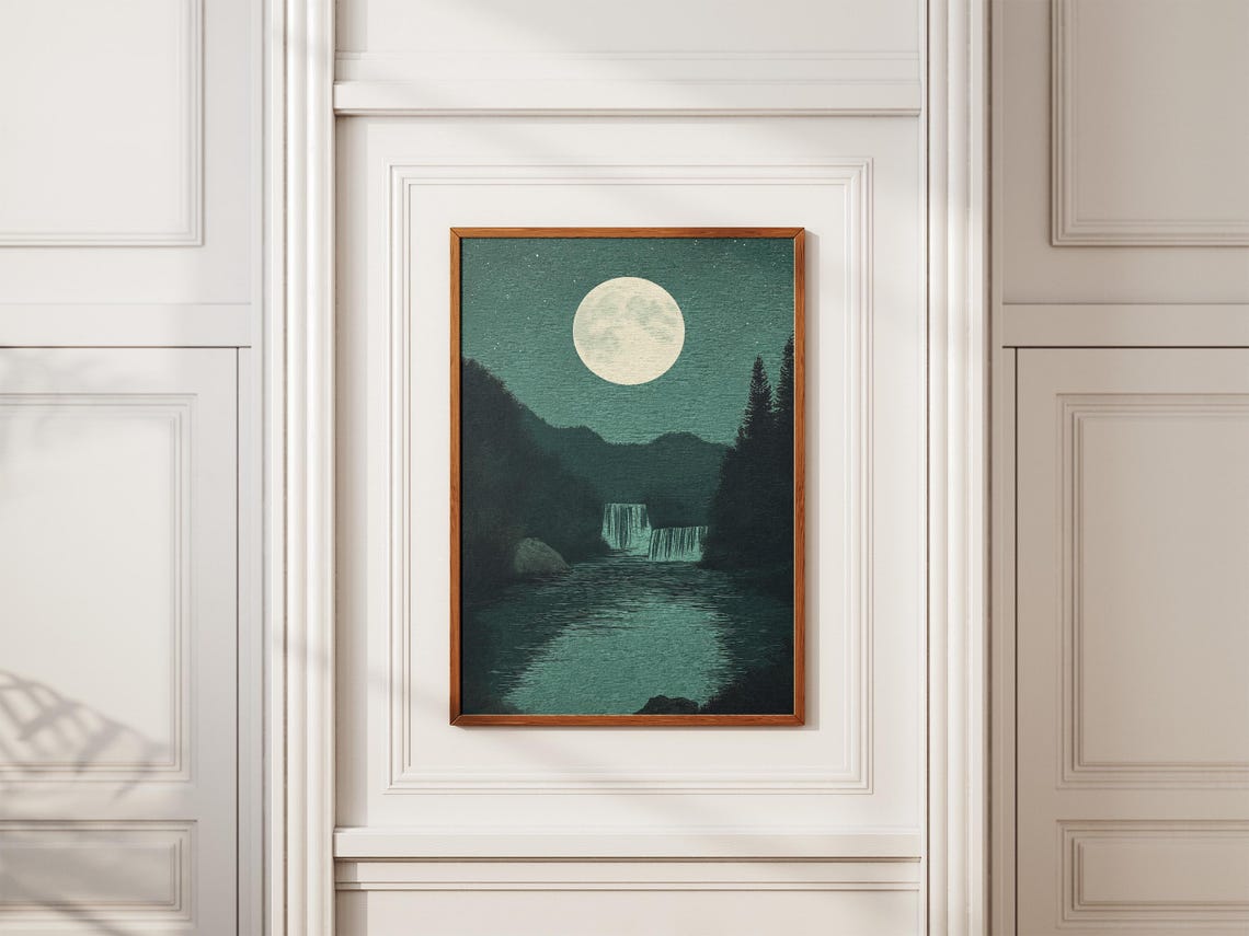 Plitvice Moonlit Waterfall Under Full Moon Teal Night Poster - Image 2
