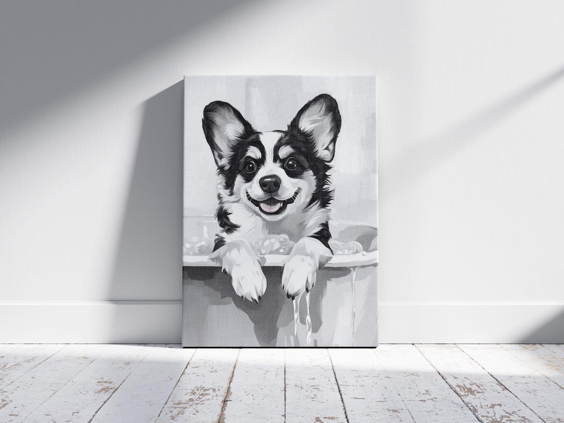Smiling Corgi Puppy In A Bubble Bath Black And White Art Poster - Image 2