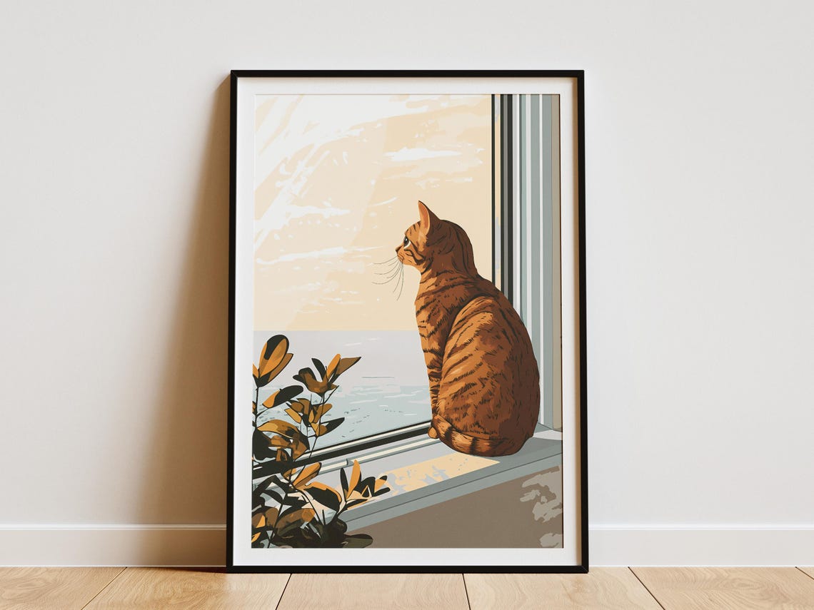 Orange Tabby Cat Gazing Out a Golden Sunset Ocean Window Poster