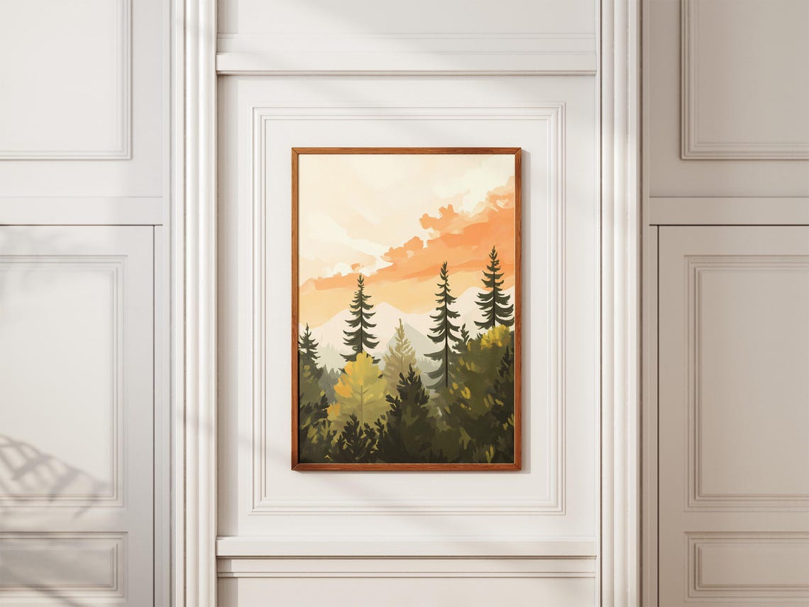 Golden Hour Pine Forest Sunset Orange Sky Minimalist Landscape Poster - Image 2