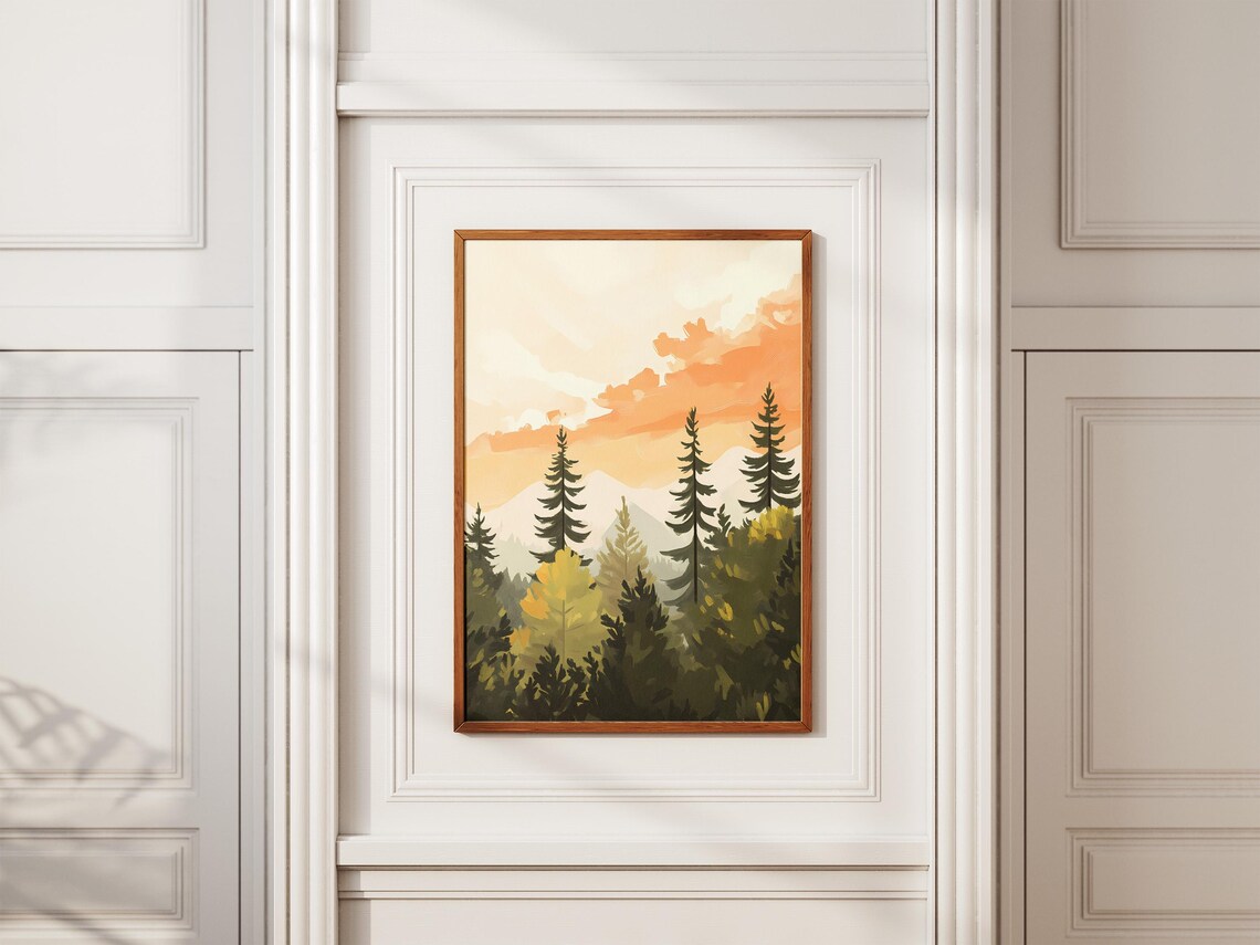 Sunset Pines Forest Poster Modern Minimalist Landscape Wall Art Nature Print Mountain Range Artwork Contemporary Home Decor Orange And - Image 2