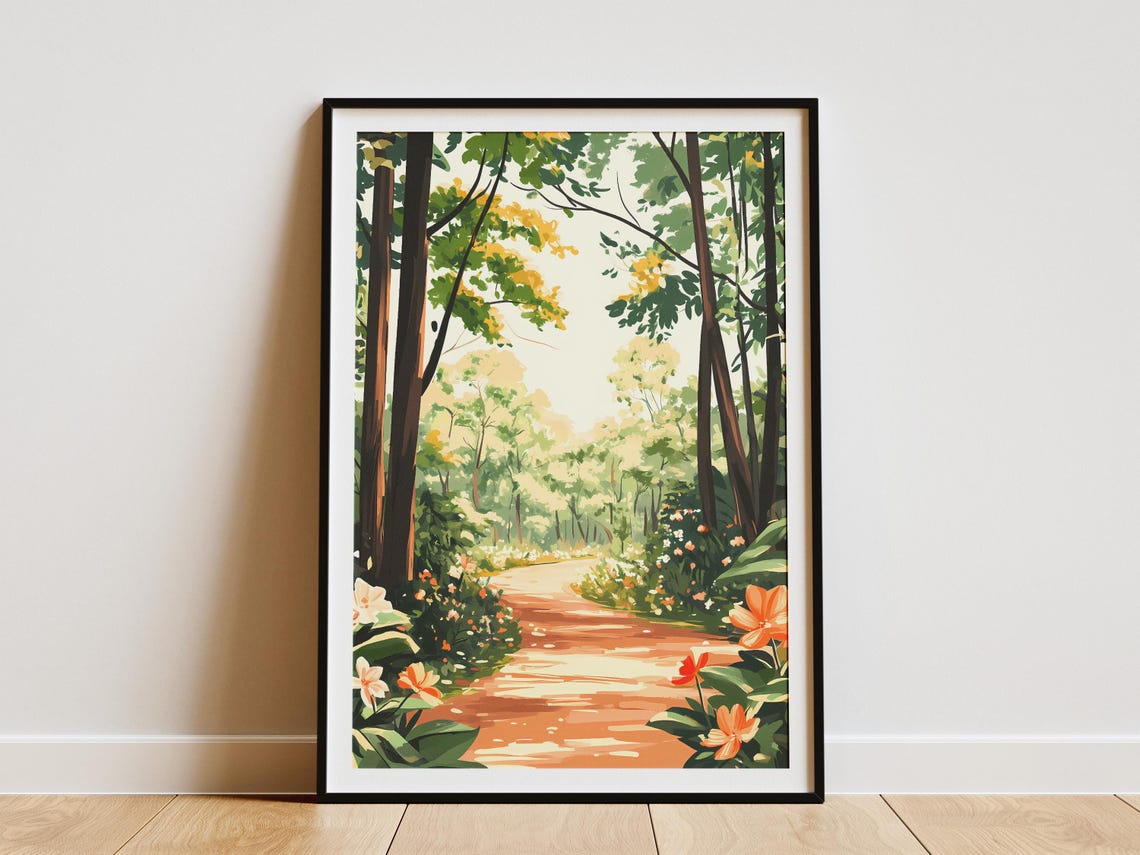 Sunlit Forest Path Lined With Orange Blossoms And Leaves Poster