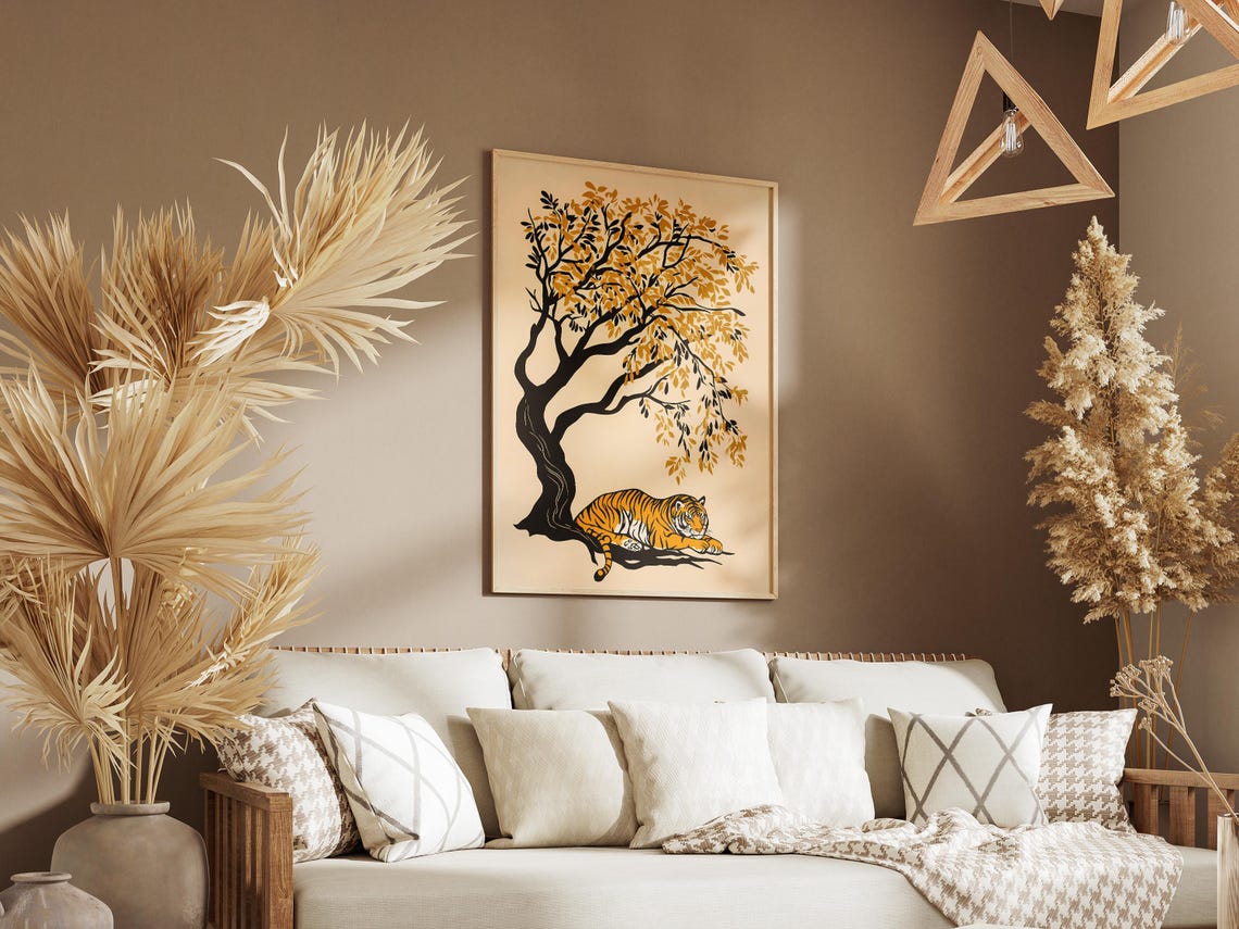 Resting Tiger Under Golden Tree Minimalist Wildlife Art Poster - Image 3