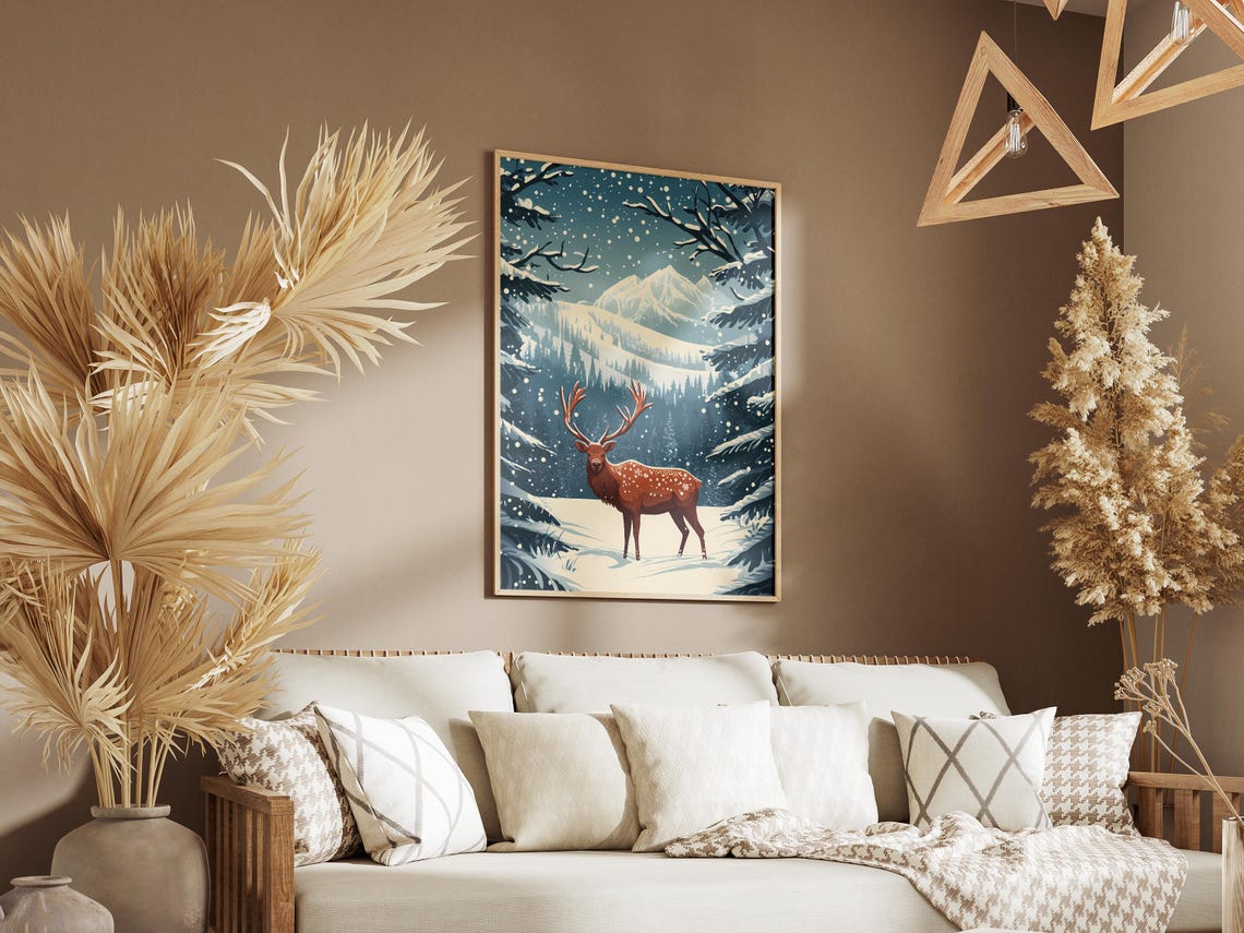 Spotted Stag With Antlers in a Snowy Blue Forest Winter Poster - Image 3