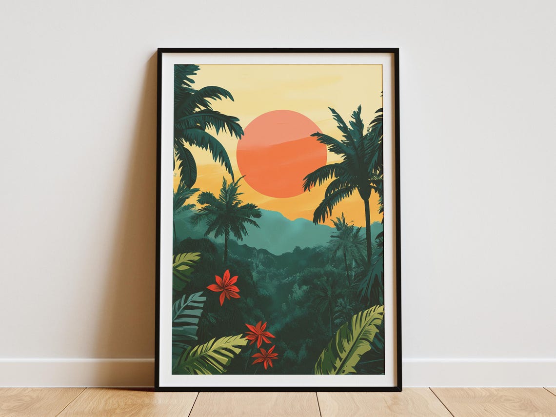 Amazon Rainforest Sunset Giant Sun Palms and Red Flowers Jungle Poster