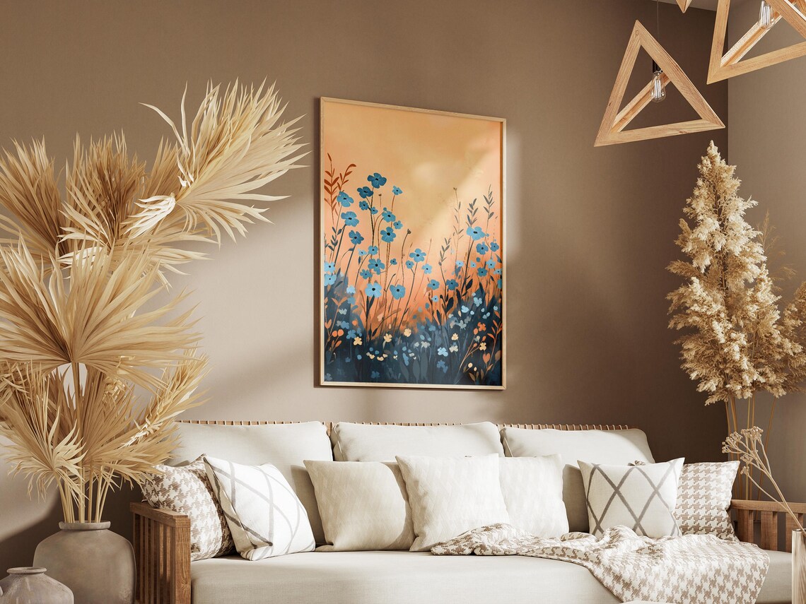 Blue Wildflowers in a Golden Sunset Meadow Illustration Poster - Image 3