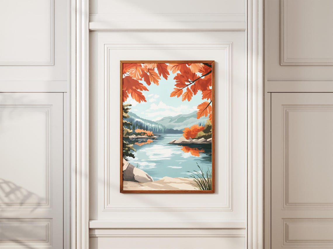 Fiery Red Autumn Leaves Framing A Turquoise Lake Landscape Poster - Image 2