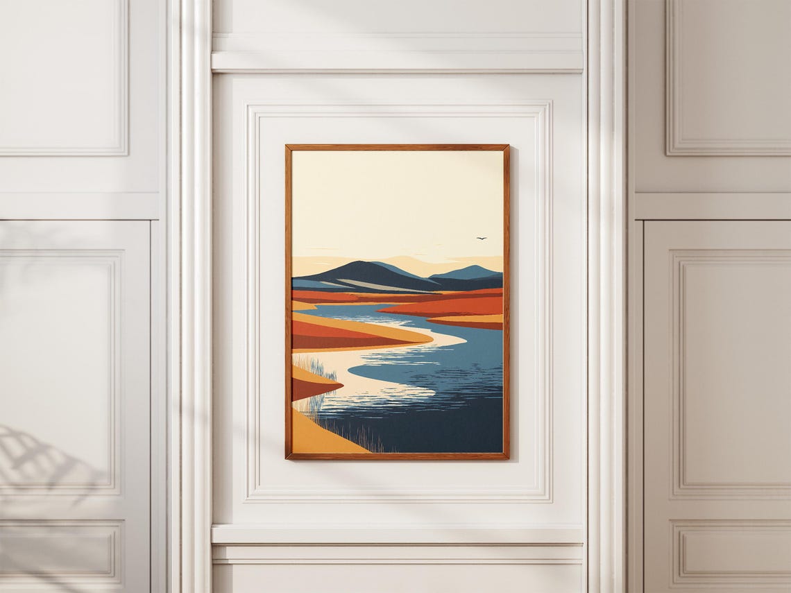 Abstract Steppe River Sunset Rust Orange Plains Landscape Poster - Image 2